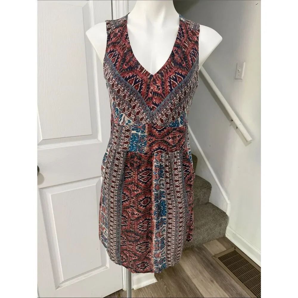 Lucky Brand Red & Blue Printed V-Neck Sleeveless Mini Dress .Size Small